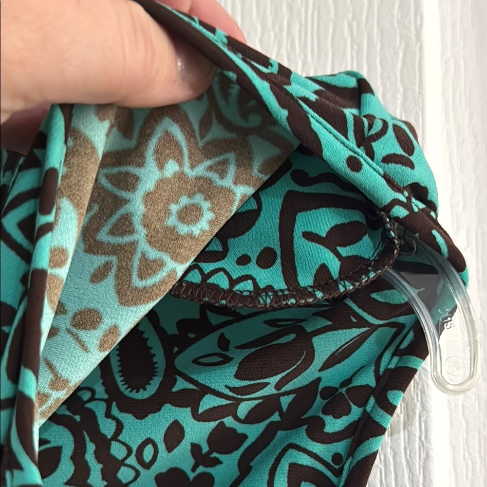 EUC Chaps Women Cap Sleeve Paisley Green Brown Dress Faux Wrap V Neck S - Picture 4 of 8